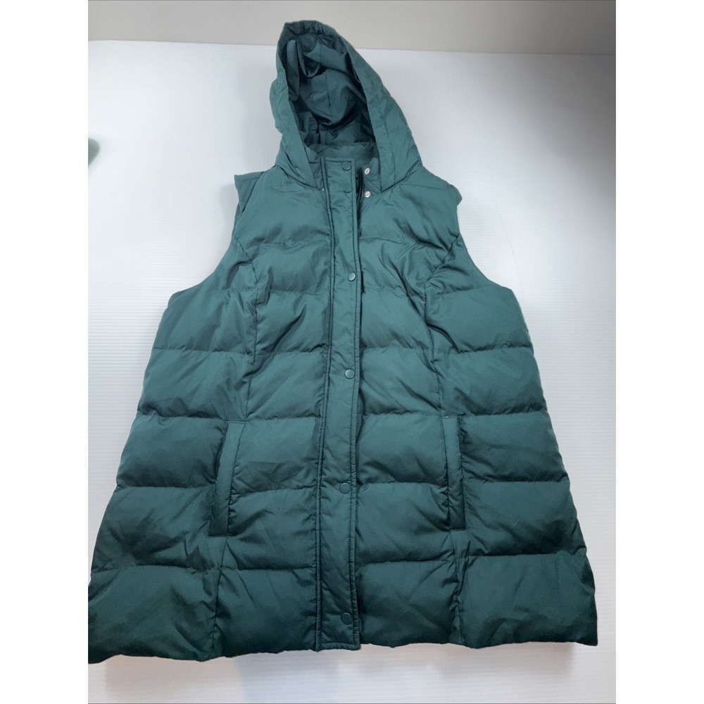 J. Jill Women's Hooded Vest Puffer Green Down Snap Up Zipped Insulated Petite XL